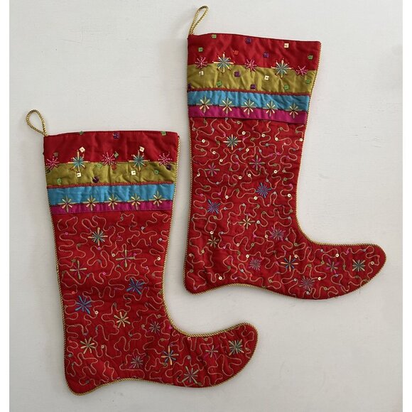 Pier 1 Imports Christmas Stocking Set of 3 Kitschy Multicolored Sequined Beaded - Picture 2 of 16